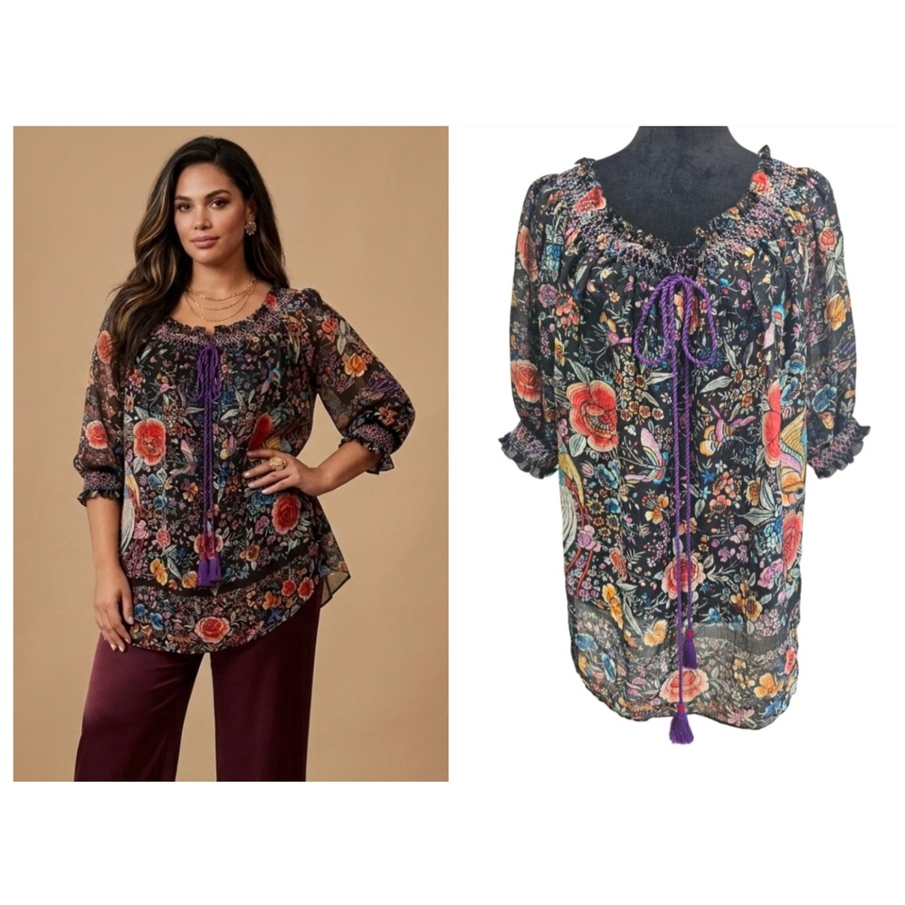 Roberto Cavalli Silk Blouse Womens Size 46 US 12 Black Floral Made in Italy